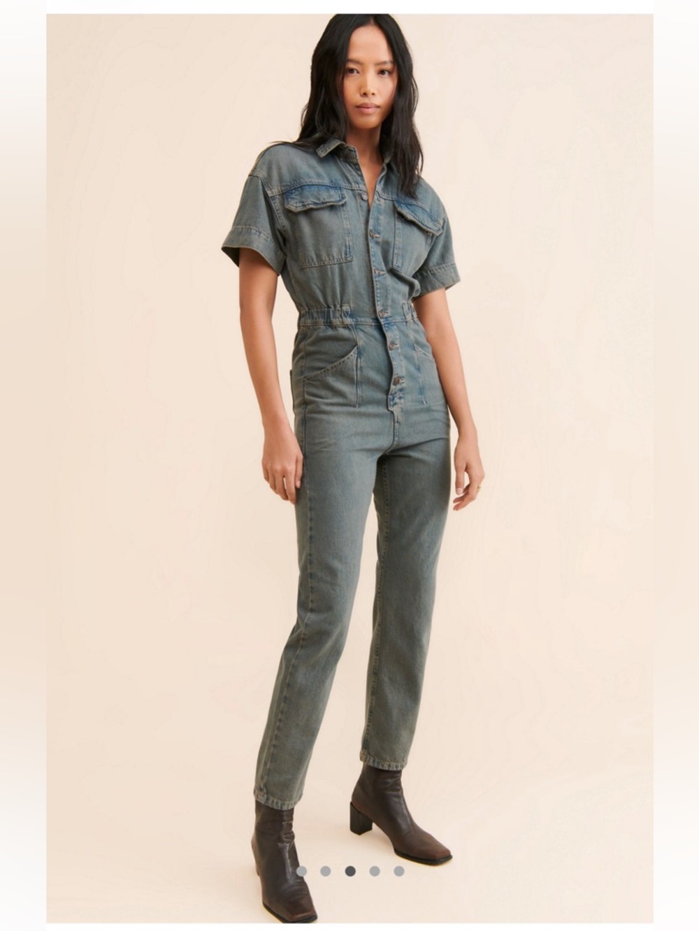 Free People Washed Blue Short-Sleeve Denim Jumpsuit